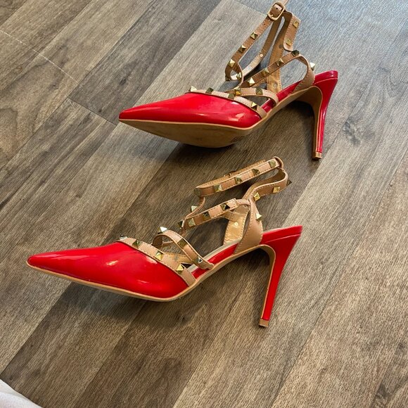 Catherine Melandrino Jazy Heals Size 8.5 Red Spike Strap Pointed Toe - Picture 2 of 10